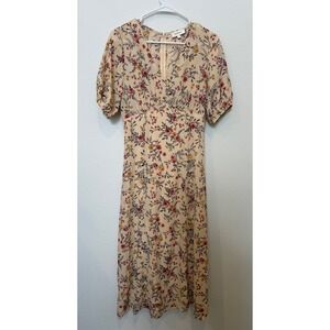 Bohme Floral Print V Neck Short Sleeve Midi Dress Cream Blush Pink S Cottage